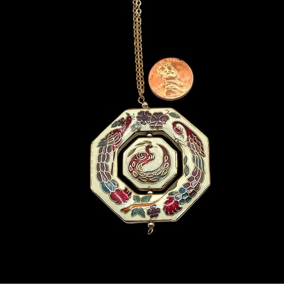 Stunning Vintage 14KT GF Peacock and Floral Cloisonné Spinning Pendant Necklace - Picture 9 of 11